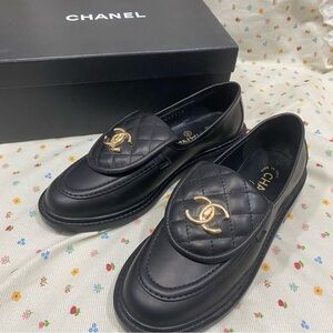 Chanel Black Leather Loafers with Gold Accent
